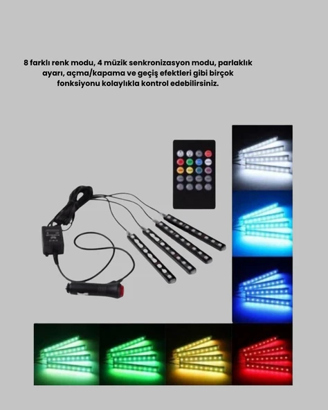 RGB Araç İçi LED Aydınlatma 12V 48 LED Müzik Kontrollü 4 Şerit Set - Resim 3