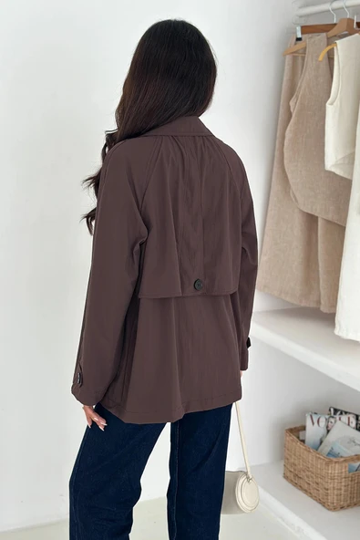 Kısa Trençkot Düğmeli Acı Kahve - Resim 8
