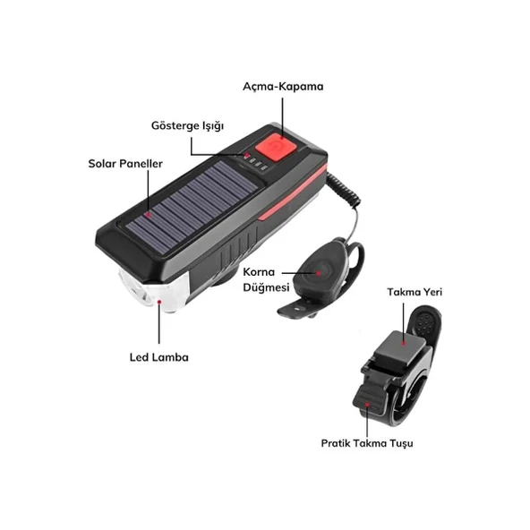 Güneş Enerjili Bisiklet Işıklı Korna - Resim 2