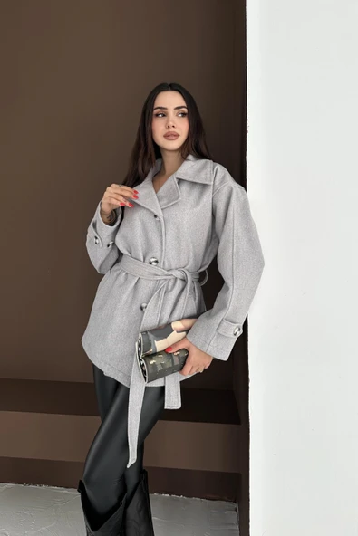 Belden Bağlamalı Düğmeli Kısa Kaşe Kaban - Resim 6