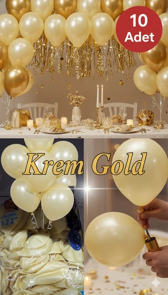 10 Adet Krem Gold Parıltılı Metalik Balonlar ✨ Parti & Kutlama Paketi ürün görseli 1