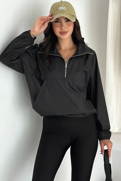 Yarım Fermuarlı Stoperli Siyah Yağmurluk - Resim 5