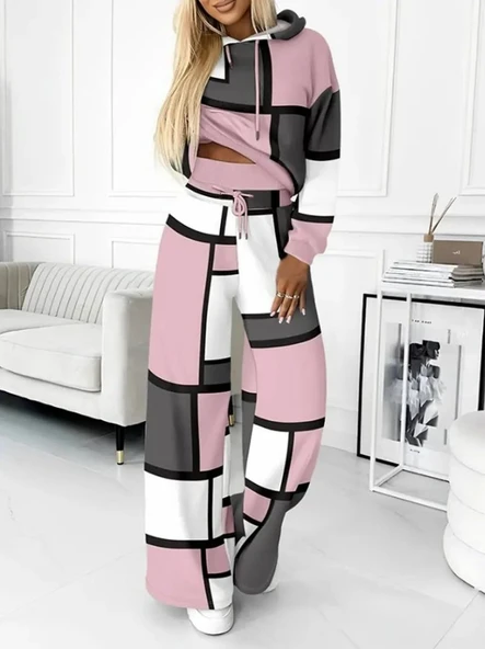 Kadın Uzun Kollu Kapşonlu Bağcıklı Desenli Iki Iplik Bluz Ve Pantolon Ikili Takım - Resim 4