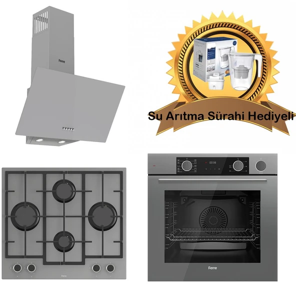 Ferre Fryart & SteamArt Gri Cam Ankastre Set D088 - LN388 Döküm ızgaralı Önden Düğmeli Ocak - XE64CPR Buharli fırın ürün görseli 1