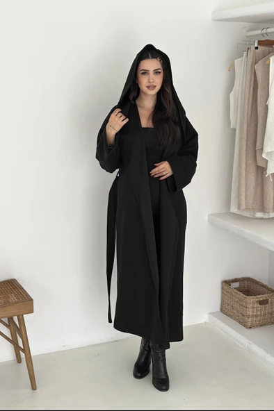 Belden Bağlamalı Uzun Kapşonlu kaşe Kaban - Resim 3