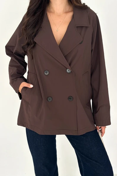 Kısa Trençkot Düğmeli Acı Kahve - Resim 6