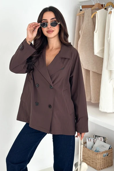 Kısa Trençkot Düğmeli Acı Kahve - Resim 2