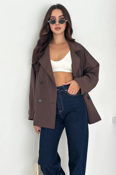 Kısa Trençkot Düğmeli Acı Kahve - Resim 5