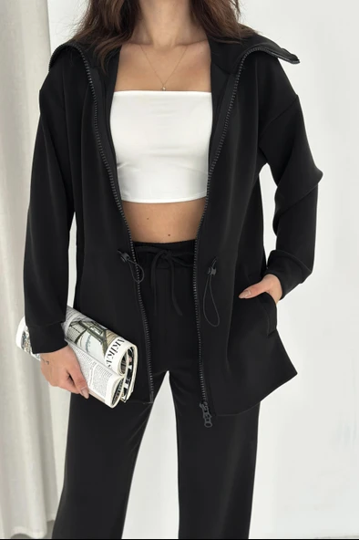 Şal Yaka Çift Fermuarlı Stoperli Modal Takım - Resim 5