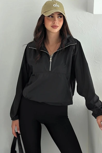 Yarım Fermuarlı Stoperli Siyah Yağmurluk - Resim 4