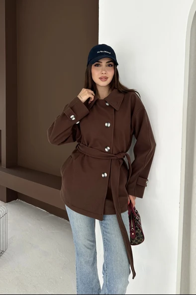 Belden Bağlamalı Düğmeli Kısa Kaşe Kaban - Resim 6