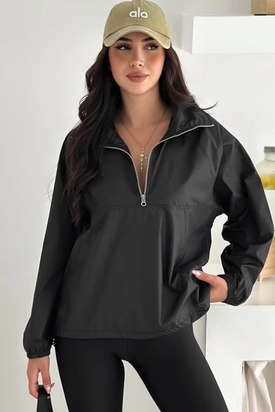 Yarım Fermuarlı Stoperli Siyah Yağmurluk ürün görseli 1