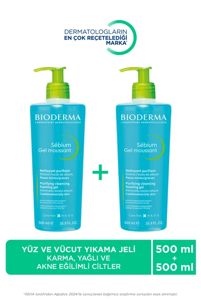 Bioderma Sebium Foaming Gel Karma, Yağlı Ve Eğilimli Ciltler İçin Yüz Temizleme Jeli 500 ml X2 ürün görseli 1
