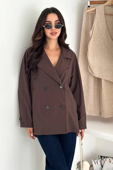 Kısa Trençkot Düğmeli Acı Kahve - Resim 3