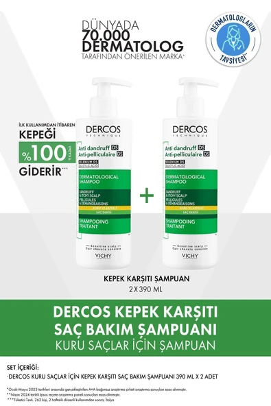 Vichy Dercos Kuru Saçlar Kepeğe Karşı Etkili Şampuan 390 ml X 2 Adet ürün görseli 1