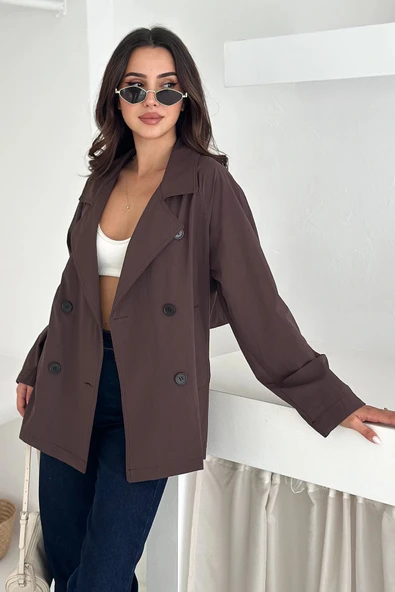 Kısa Trençkot Düğmeli Acı Kahve - Resim 4