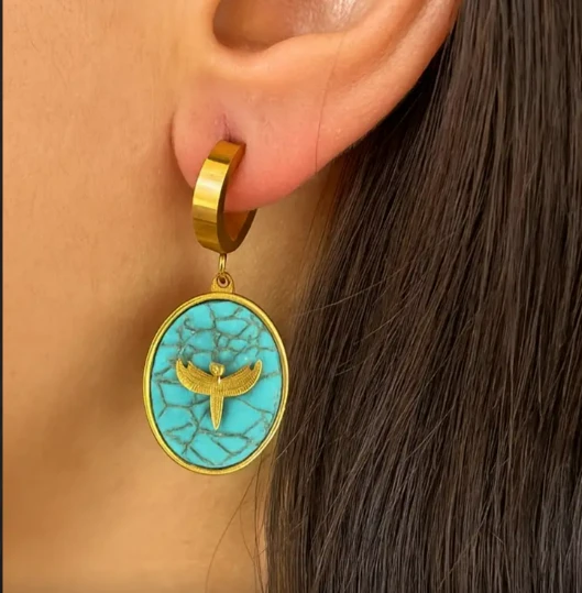 Altın Ve Mavi Renk Kuş Figürlü Çelik Küpe (Çift) ürün görseli 1