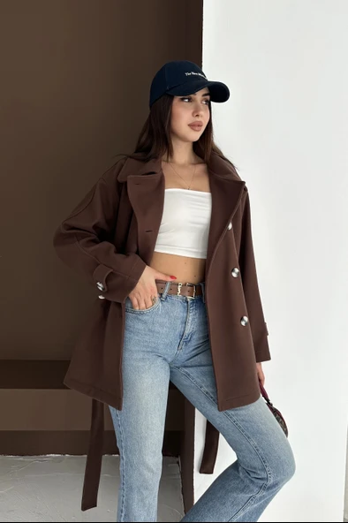 Belden Bağlamalı Düğmeli Kısa Kaşe Kaban ürün görseli 1