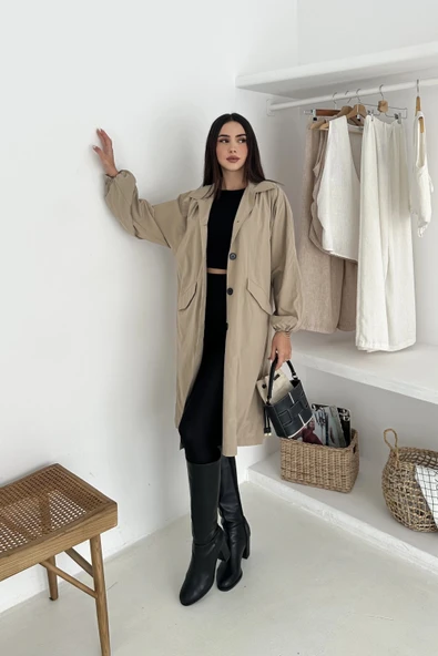 Kadın Astarlı Uzun Trençkot - Resim 6