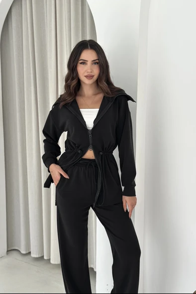 Şal Yaka Çift Fermuarlı Stoperli Modal Takım - Resim 11