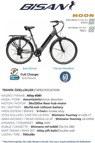 BİSAN MOON ELEKTRİKLİ BİSİKLET 47CM V 28 JANT 7 VİTES METALİK GRİ SİYAH - Resim 5