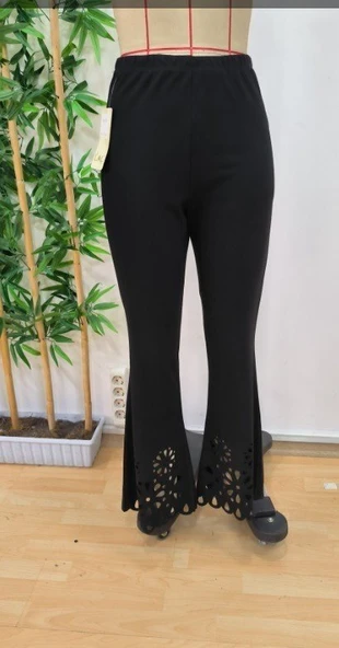 Kadın Yüksek Bel Paçaya Doğru Genişleyen Lazer çiçek Kesim Detaylı Ithal Krep Pantolon - Resim 2