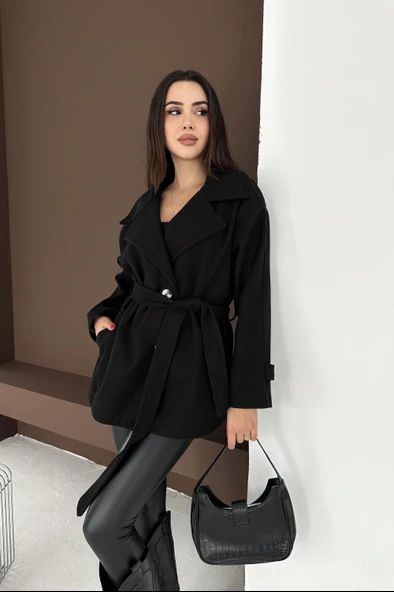 Belden Bağlamalı Düğmeli Kısa Kaşe Kaban - Resim 8