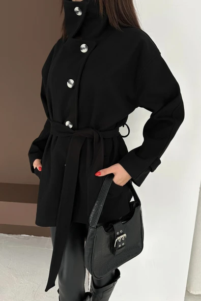 Belden Bağlamalı Düğmeli Kısa Kaşe Kaban - Resim 5