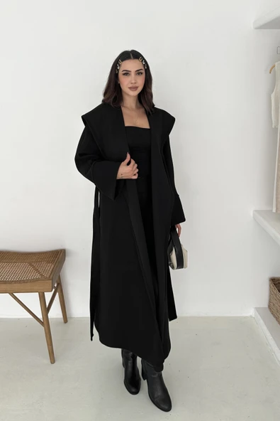 Belden Bağlamalı Uzun Kapşonlu kaşe Kaban - Resim 2