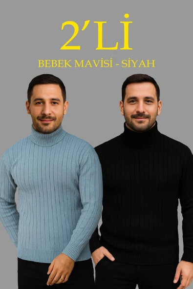 Erkek Fitilli Triko Kazak 2li Set Bebek Mavisi Siyah Regular Balıkcı Yaka Tam Boğazlı Triko Seti Modeli Kazak ürün görseli 1
