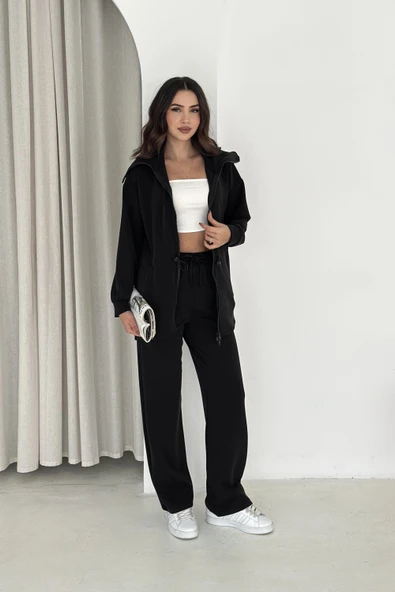 Şal Yaka Çift Fermuarlı Stoperli Modal Takım ürün görseli 1