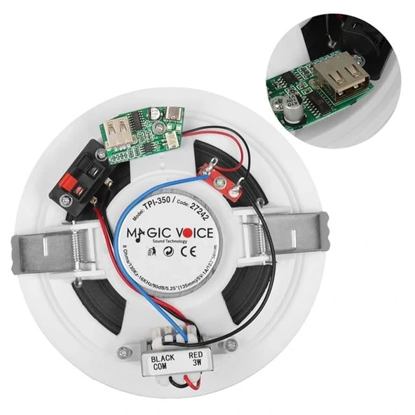 MagicVoice TPI-350 5.25" (13.5 CM) Hat Trafolu Alçıpan/Asma Tavan Tipi Hoparlör (6W RMS - MP3 USB Uyumlu) - Beyaz - Resim 2