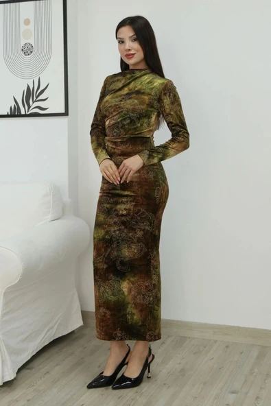 Desenli Büzgü Detaylı Premium Kadife Elbise 6063-Haki - Resim 6