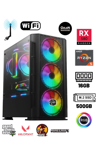X5  Ryzen 5 5500  16GB Ram 500GB M.2 SSD RX 580 8GB Oyuncu Masaüstü Bilgisayarı ürün görseli 1