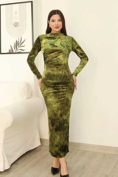 Desenli Büzgü Detaylı Premium Kadife Elbise 6063-Yeşil - Resim 3