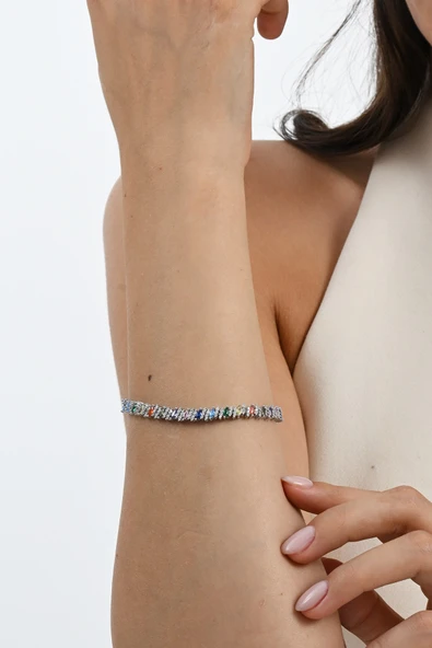 925 ayar gümüş rodyumlu renkli marquise (MARKİZ) kesim zirkon taşlı ışıltı seli gümüş bileklik SGTL13069RENKLI - Resim 2