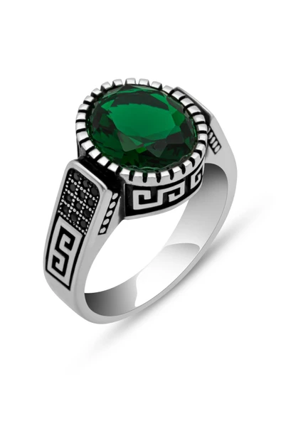 Yuvarlak Yeşil Taşlı 925 Erkek Gümüş Yüzük - Resim 2
