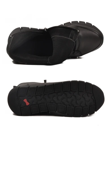 Aspor Siyah Hakiki Deri İçi Polarlı Fermuarlı Kadın Düz Bot - Resim 5