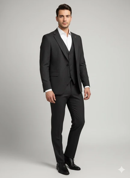 Süvari Slim Fit Yelekli Armür Desenli Siyah Takım Elbise ürün görseli 1