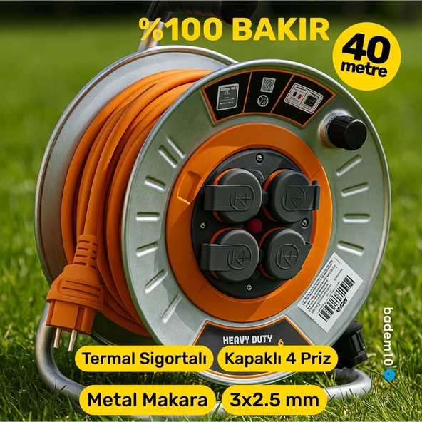 Metal Makaralı Uzatma Kablosu % 100 BAKIR 40 Metre 3x2.5 mm Termal Sigortalı Seyyar Kapaklı 4 Prizli - Resim 2