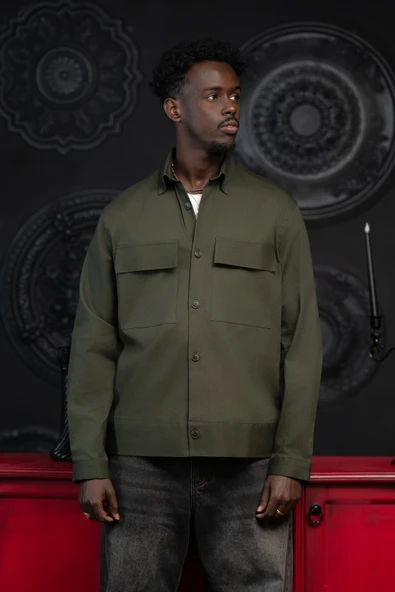 Oversize Çift Kapak Cepli İnce Kanvas Kumaş Astarsız Gömlek - Resim 10