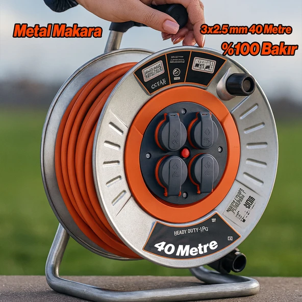 Metal Makaralı Uzatma Kablosu % 100 BAKIR 40 Metre 3x2.5 mm Termal Sigortalı Seyyar Kapaklı 4 Prizli - Resim 4