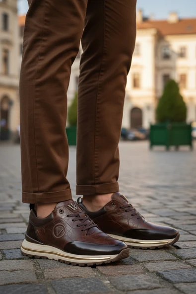 Voyager Kahve Hakiki Deri Bağcıklı Erkek Sneaker - Resim 3