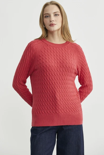 Saç Örgü Motifli Yuvarlak Yaka Triko Kazak - Gül - Resim 5