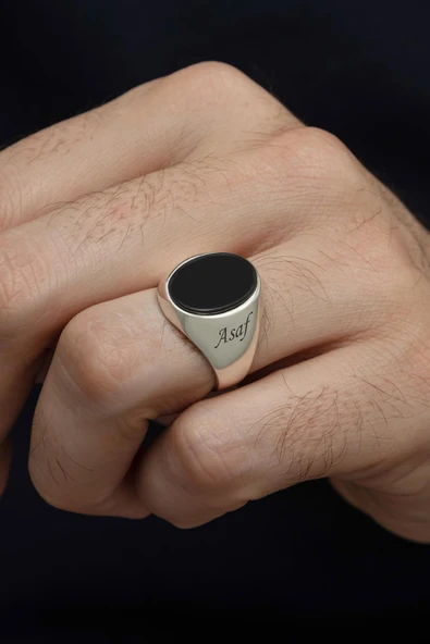 Siyah Oniks Taşlı İsimli Kişiye Özel 925 Erkek Gümüş Yüzük - Resim 2
