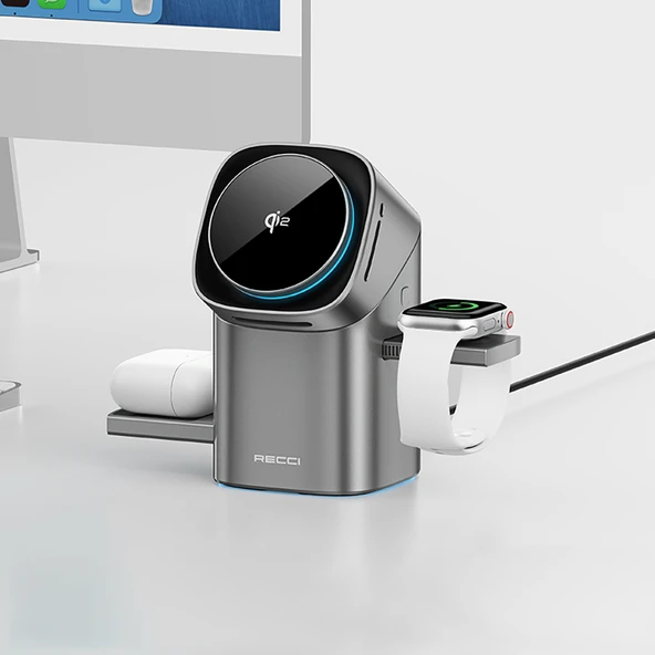 Recci RW05 Qi2 Şarj Teknolojili Ambiyans Işıklı Telefon&Akıllı Saat&Kulaklık 15W 3in1 Kablosuz Şarj Standı - Resim 9