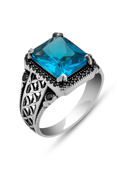 Kare Aqua Mavi Taşlı 925 Erkek Gümüş Yüzük - Resim 2