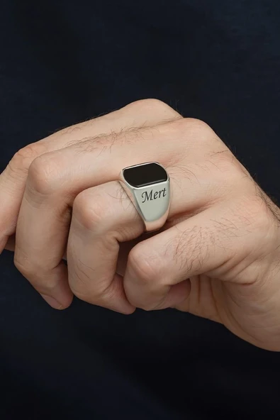 Siyah Oniks Taşlı İsimli Kişiye Özel 925 Erkek Gümüş Yüzük - Resim 3