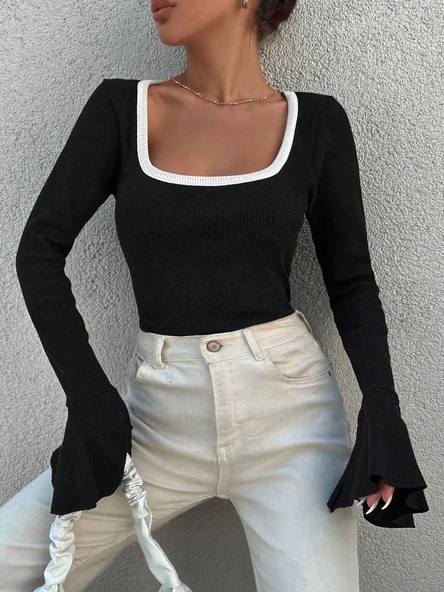 Kare yaka garni detay ispanyol kol bluz siyah a3105 ürün görseli 1