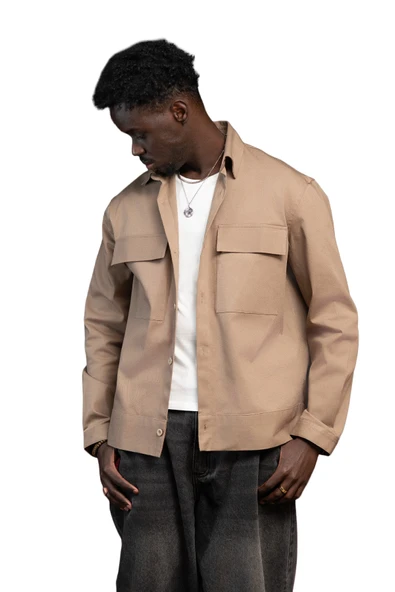 Oversize Çift Kapak Cepli İnce Kanvas Kumaş Astarsız Gömlek ürün görseli 1